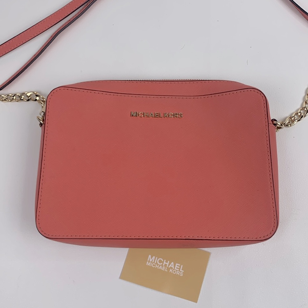 Michael Kors Pink Coral Crossbody Bag Gold chain strap Zip close MK shoulder bag - Picture 13 of 16